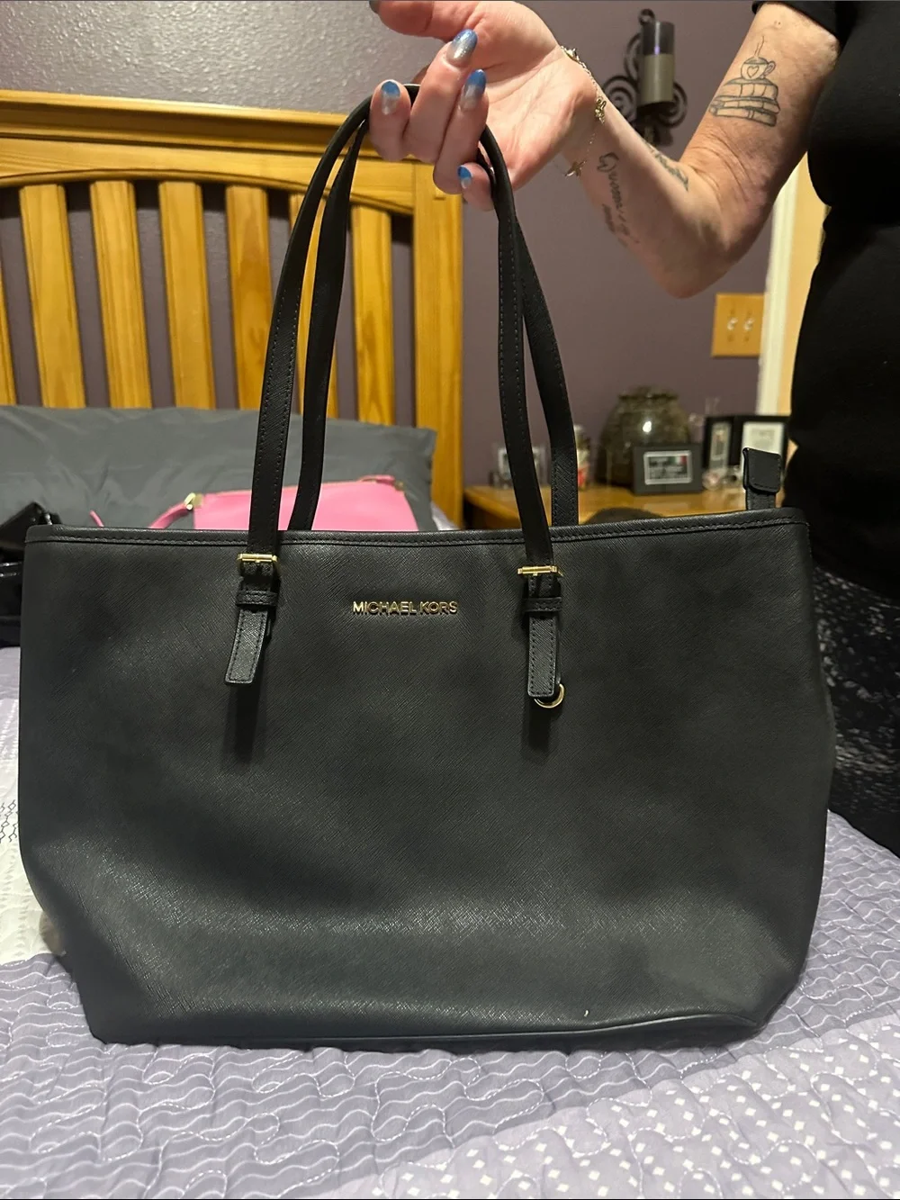 Michael Kors Black Leather Saffiano Tote with Gold Logo